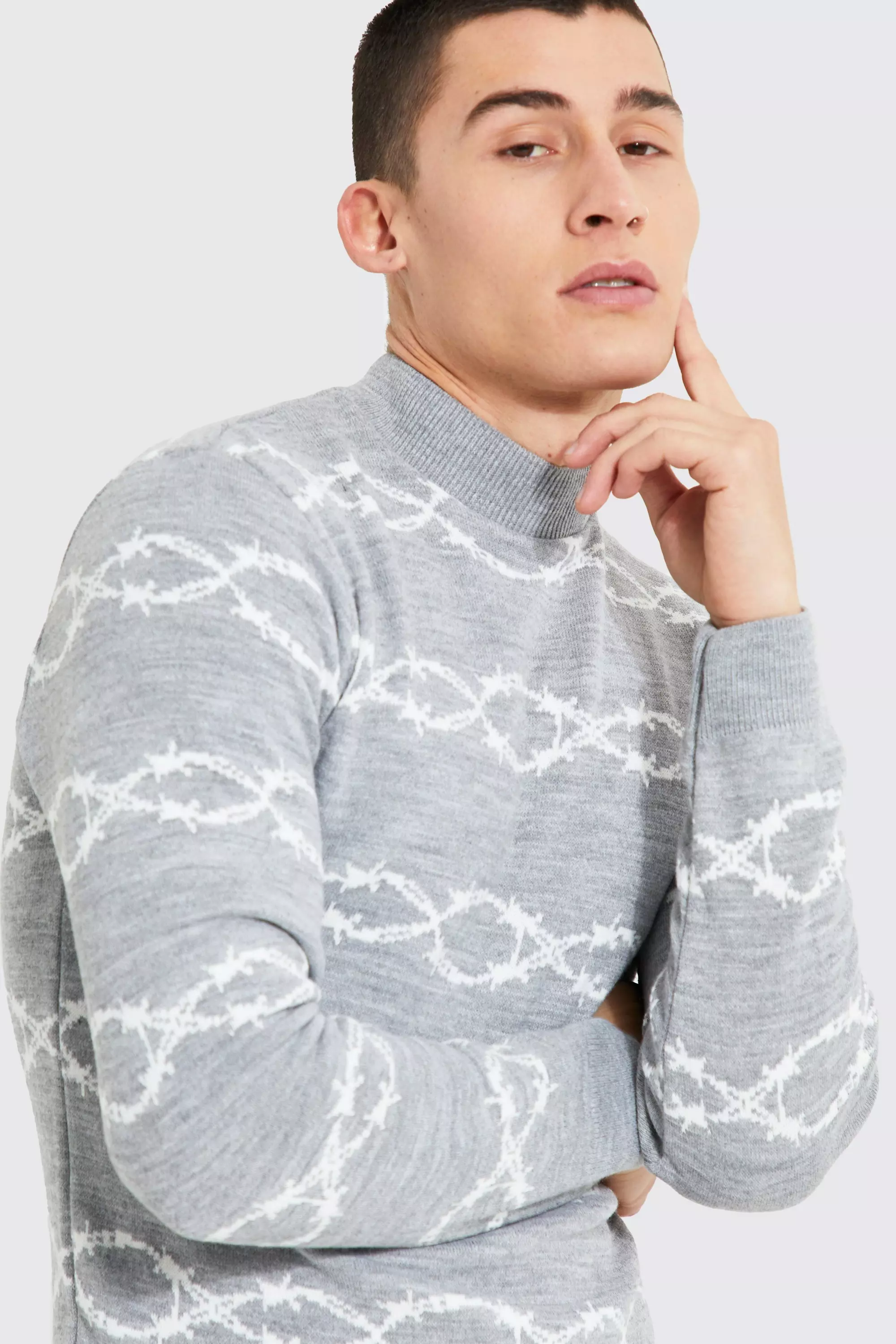 Turtle Neck Muscle Fit Barbed Wire Sweater boohooMAN USA